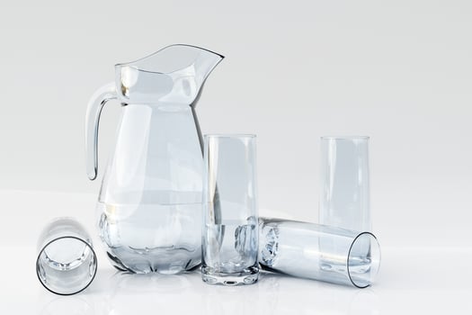 Empty crockery set, decanter with glasses on a white isolated background. healthy lifestyle concept photo
