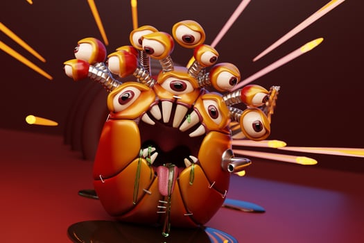 3D illustration of a scary orange monster quickly creeps along the corridor with fear. Funny monster for kids design photo