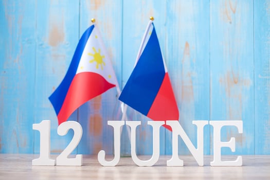 Wooden text of June 12th with Philippines flags. Philippines Independence day and happy celebration concepts photo