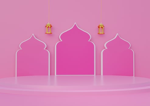 Pink magenta Islamic decoration background 3 mosque arc design big product display podium with 2 hanging golden traditional lantern glossy floor 3d rendering image photo