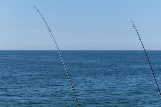 Two fishing rod against blue ocean or sea background, copy space. Waiting for biggest haul. Meditative relax sport. photo