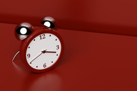 3d illustration red and white cartoon wake up alarm clock on isolated monochrome background photo