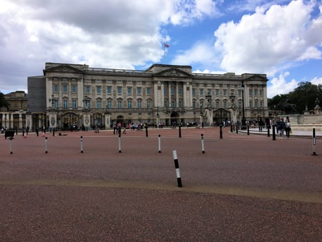 A view of Buckingham Palace in London in August 2023 showing tourists visiting photo