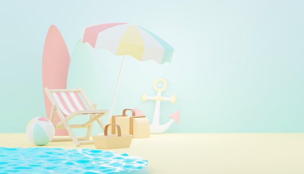 3d render Summer sale podium stand for showing product. Beach Vacations Scene in Summer for mock up. photo