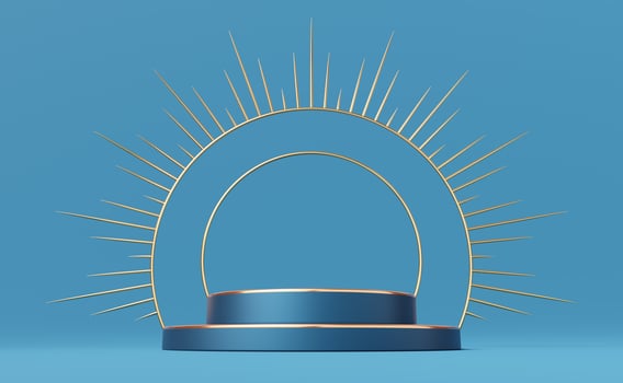 Empty blue cylinder podium with gold border and spiked halo circle on blue background. Abstract minimal studio 3d geometric shape object. Pedestal mockup space for luxury display. 3d rendering. photo