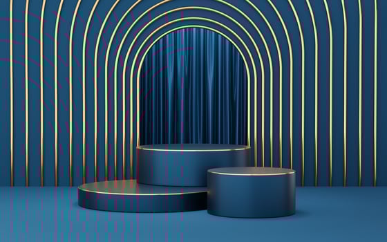 3 Empty blue cylinder podium with gold border on blue arch and curtain background. Abstract minimal studio 3d geometric shape object. Mockup space for display of product design. 3d rendering. photo