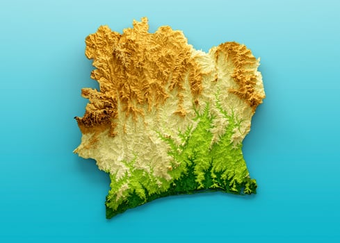 Ivory Coast Map Shaded relief Color Height map on the sea Blue Background 3d illustration photo