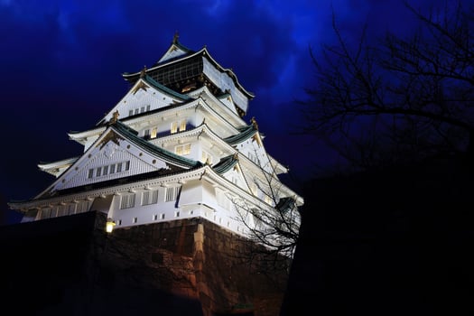 Osaka Castle in Osaka, Japan illuminated by spotlights during dusk. photo
