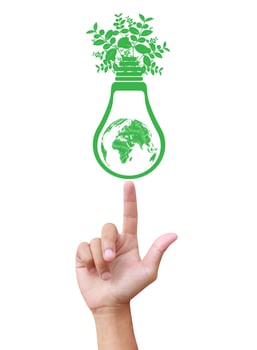 Hands holding green ecology light bulb photo