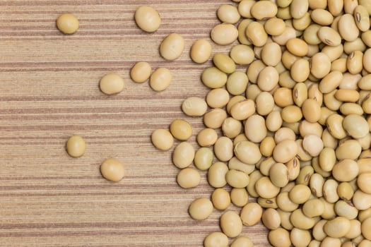 Dry soybeans on wooden board photo