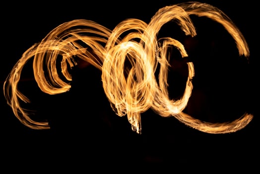 Circles of flames in dark. Fire show on long camera shutter speed. Flames. photo