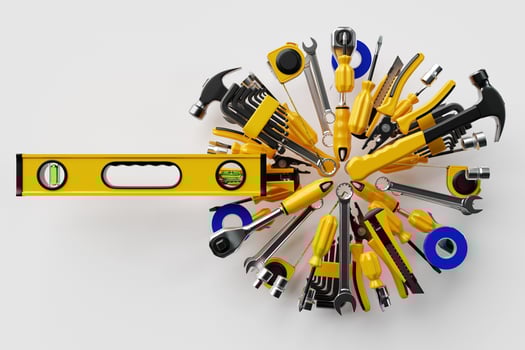 Various working tools for construction, repair. Screwdriver, level, electrical tape, hammer, knife, scissors, wrench, etc. 3D illustration photo