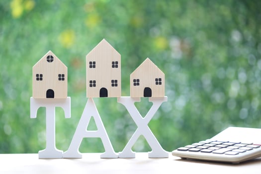 Estate tax,Model house on tax word and calculator on natural green background,Business investment and Property tax concept photo