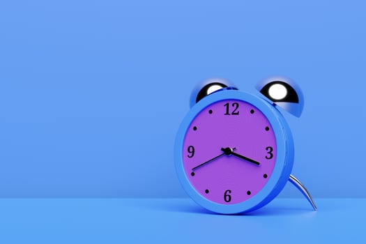 3d illustration blue and purple cartoon wake up alarm clock on isolated monochrome background photo