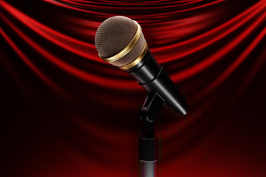 Microphone on the background of the red curtain, realistic 3d illustration. music award, karaoke, radio and recording studio sound equipment photo