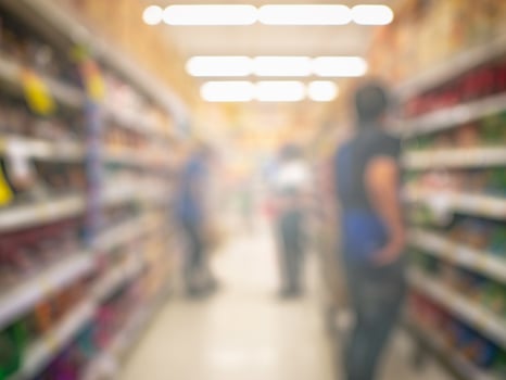 Abstract blurred photo of Supermarket without people with Products placed on the shelves