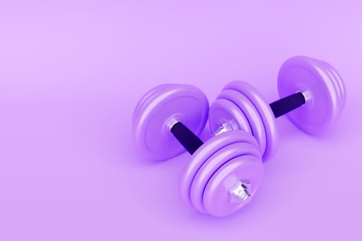 3D illustration  metal  purple dumbbell with disks on purple background. Fitness and sports equipment photo