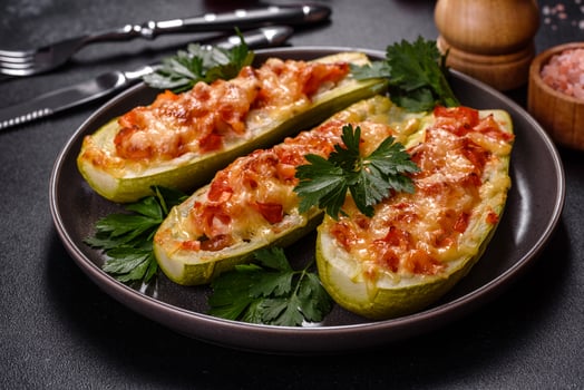 Baked stuffed zucchini boats with minced chicken mushrooms and vegetables with cheese photo