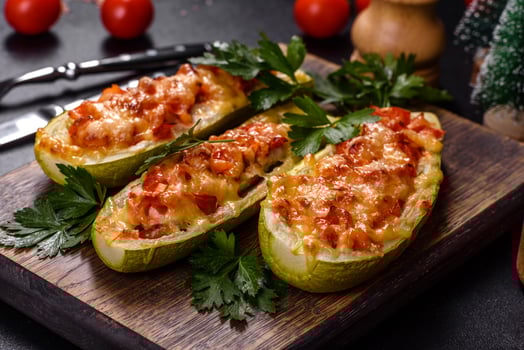 Baked stuffed zucchini boats with minced chicken mushrooms and vegetables with cheese. Christmas table photo