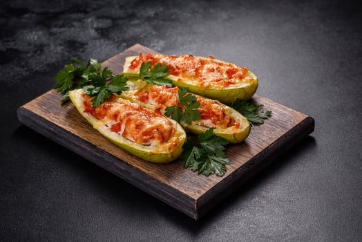 Baked stuffed zucchini boats with minced chicken mushrooms and vegetables with cheese photo
