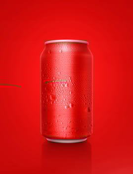 Red aluminum cans with water droplets on a red Background photo
