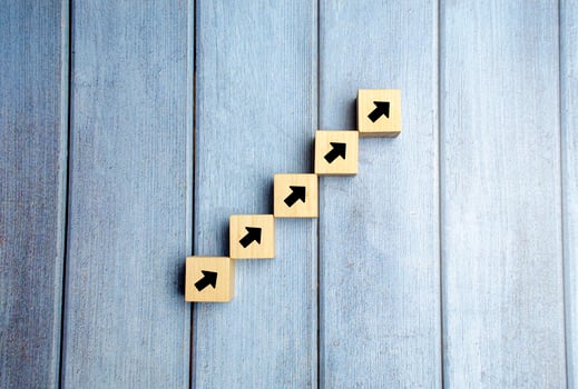 wooden blocks stacking as step stair with arrow up, Business growth success process concept, copy space photo
