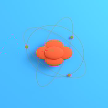 Atom on bright blue background photo