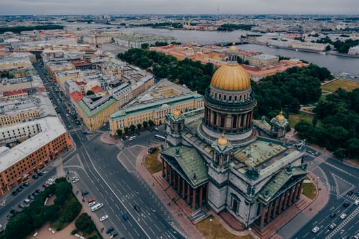 Cityscape of St. Isaacs Cathedral and Aleksandrovskiy Garden in Saint Petersburg, Russia. View from above of beautiful city. Famous citys sight photo