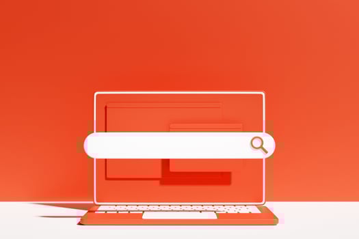 3D colorful illustration of a modern laptop with an information search bar on a  rd background. photo