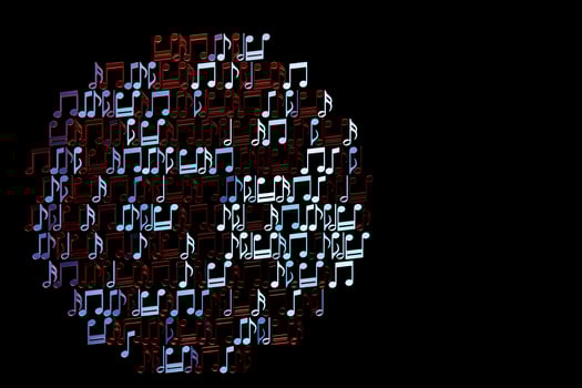 Musical notes and symbols with curves and swirls on a black background.  3D illustration photo