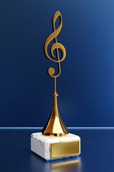 Golden music award with a treble clef on a blue background, 3d illustration photo