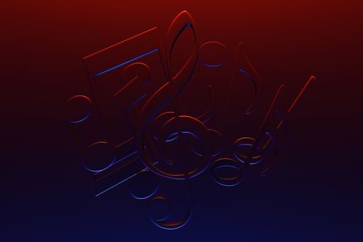 Musical notes and symbols with curves and swirls on a black background under red neon color. 3D illustration photo