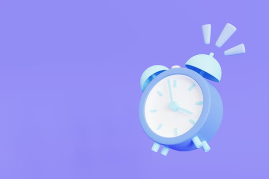 Blue retro alarm clock icon. Simple 3d  illustration on purple background. photo