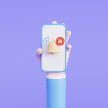 Cartoon hand holding the phone with Notification yellow bell with 99 number  Social media chat, message, SMS, subscribe, 3d illustration photo