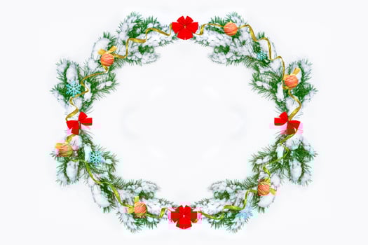 Greeting card. Coniferous spruce branch. snow covered trees. photo
