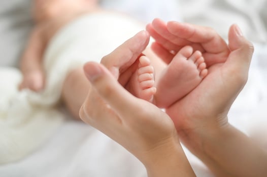 Close of hand holding new born baby's feet photo