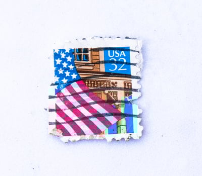 Sidoarjo, Jawa timur, Indonesia, 2022 - close-up photo of old school stamps with american flags