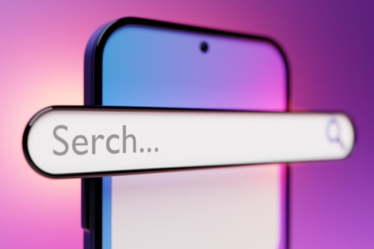 3D colorful illustration of a modern smartphone with an information search bar on a pink background. photo