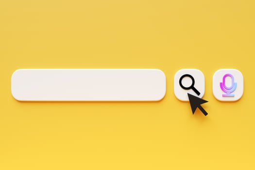 3D illustration, search bar elements design. Search bar with magnifying glass and microphone icon for audio search. Template search user interface. photo