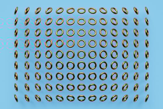 3d illustration of rows of  gold  torus .Set of  toruses  on monocrome background, pattern. Geometry  background photo