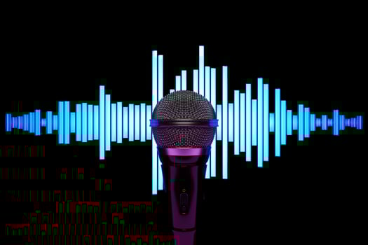 Silver microphone,   model against the background of equalizer lines, realistic  3d illustration. music award, karaoke, radio and recording studio sound equipment photo