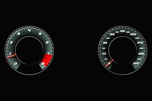 3D illustration of the dashboard of the car is illuminated by bright illumination. Circle speedometer, tachometer photo