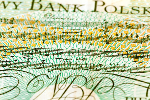 the notes photographed by a close up. located on old Polish money. money left the address photo
