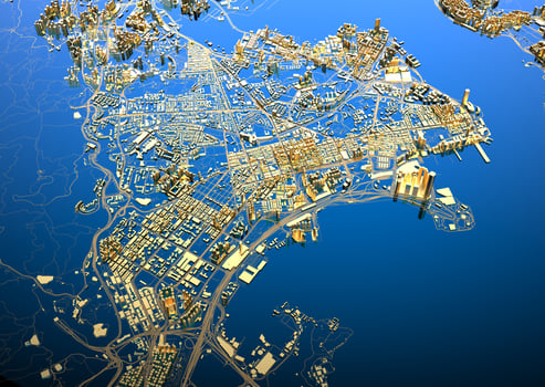 big city in the mountains top view. illustration in casual graphic design. fragments New York 3D render photo