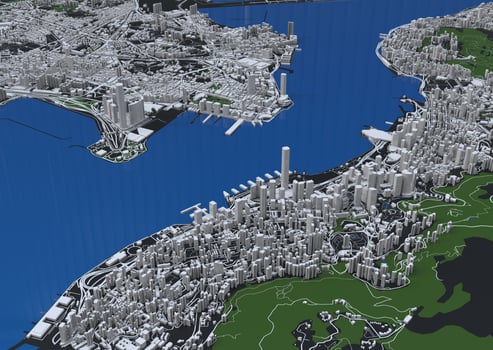 big city in the mountains top view. illustration in casual graphic design. fragments New York 3D render photo