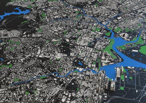 big city in the mountains top view. illustration in casual graphic design. fragments New York 3D render photo