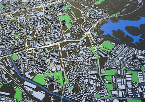 big city in the mountains top view. illustration in casual graphic design. fragments New York 3D render photo