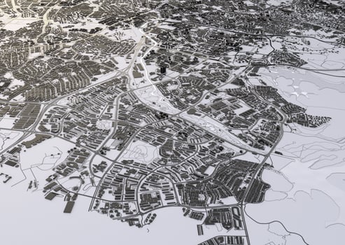 big city in the mountains top view. illustration in casual graphic design. fragments New York 3D render photo