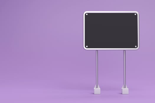 Blank chalk board street stand mockup on purple background. Two steel column with blank black billboard. Signboard with silver metal frame template. 3d rendering. photo