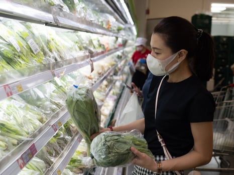 Asian woman wearing protect face mask and rubber gloves shopping food photo